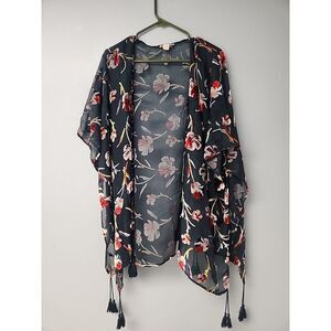 Japna‎ Womens M Dark Green Floral Sheer Tassel Kimono Velvet Boho